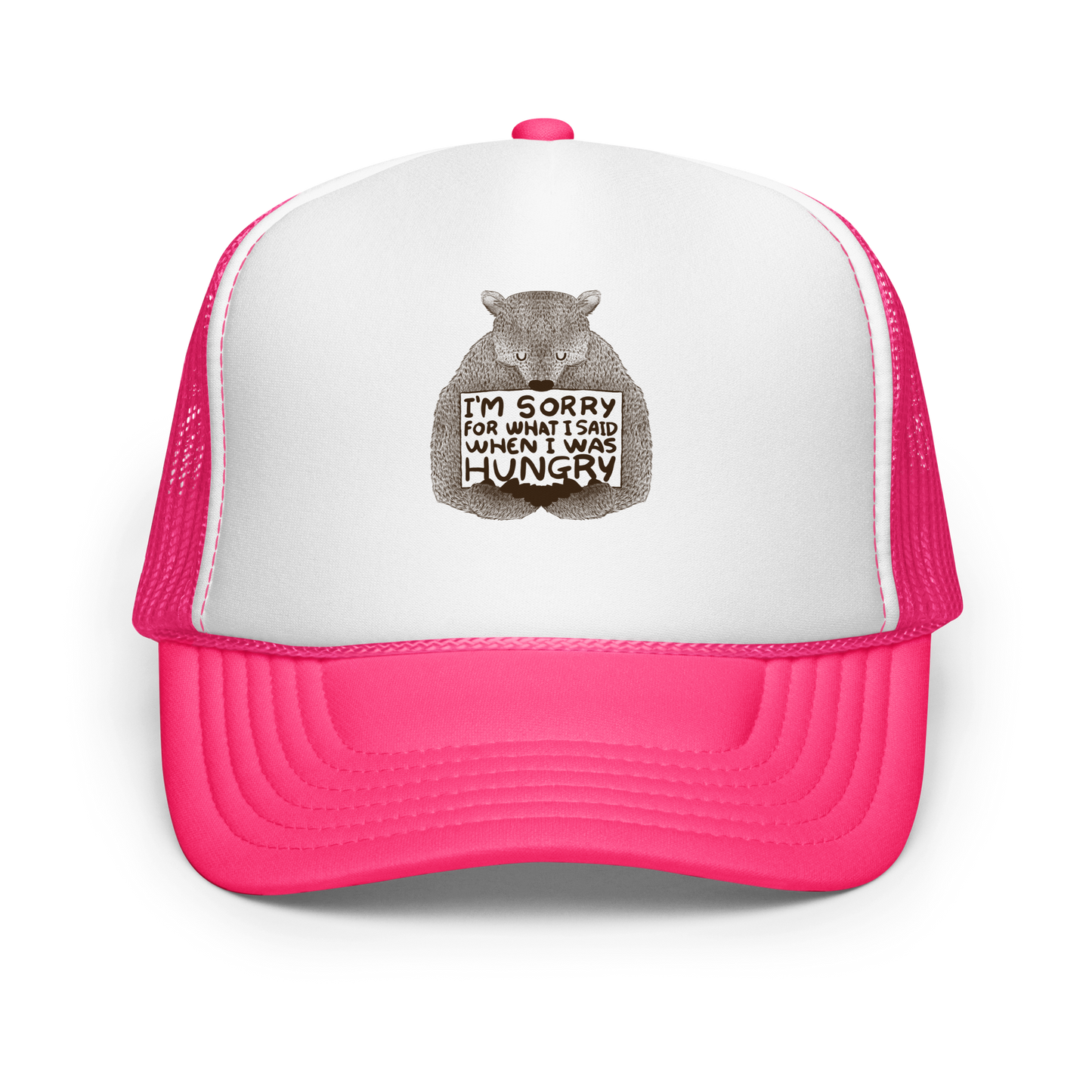 The image shows a humorous, detailed illustration of a bear, drawn in a hand-drawn style, holding a sign that reads 'I'm sorry for what I said when I was hungry.' The bear appears to be apologizing in a comical, endearing manner, making it a relatable and light-hearted design.