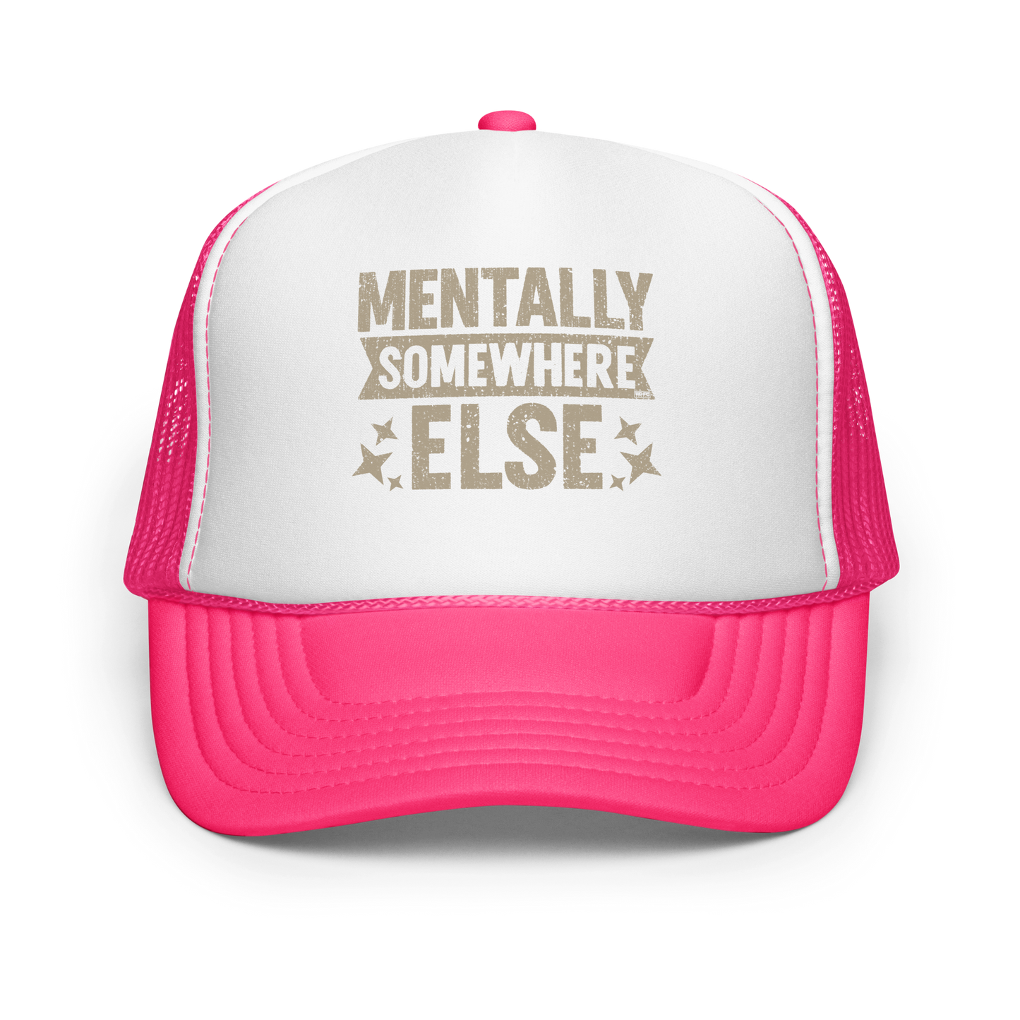 Distressed vintage-style text graphic displaying the phrase “Mentally Somewhere Else,” decorated with scattered star icons and a bold, textured font.