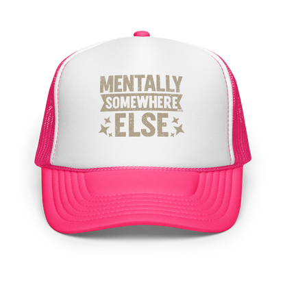 Distressed vintage-style text graphic displaying the phrase “Mentally Somewhere Else,” decorated with scattered star icons and a bold, textured font.