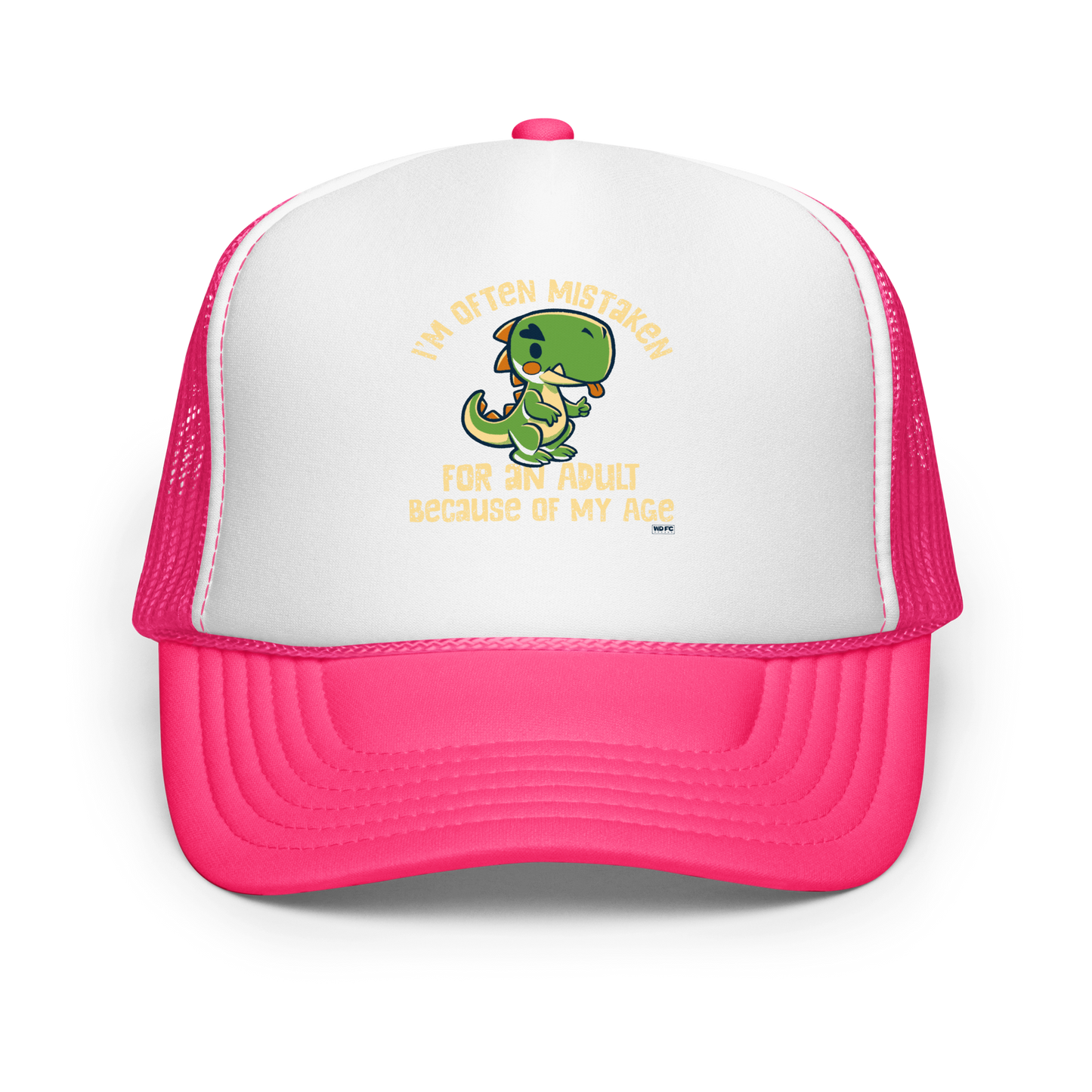 Cute cartoon dinosaur standing with a funny expression, accompanied by the humorous phrase “I’m Often Mistaken for an Adult Because of My Age” in bold distressed lettering.