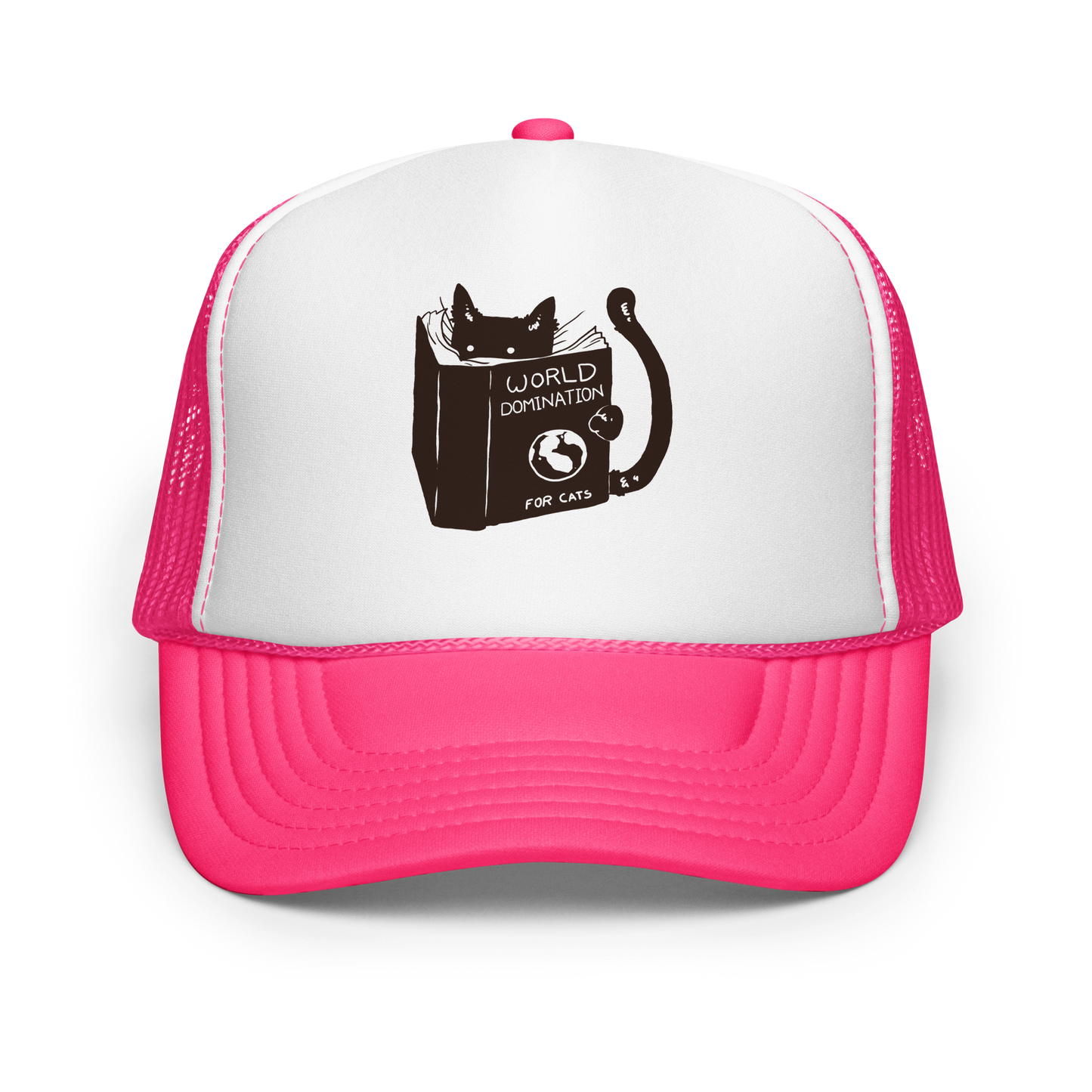 The design features a black silhouette of a cat peeking from behind an oversized book. The book's cover reads 'World Domination for Cats,' and includes a simple drawing of a globe. The cat's eyes are wide open, suggesting either surprise or intense focus on its 'world domination' plans.