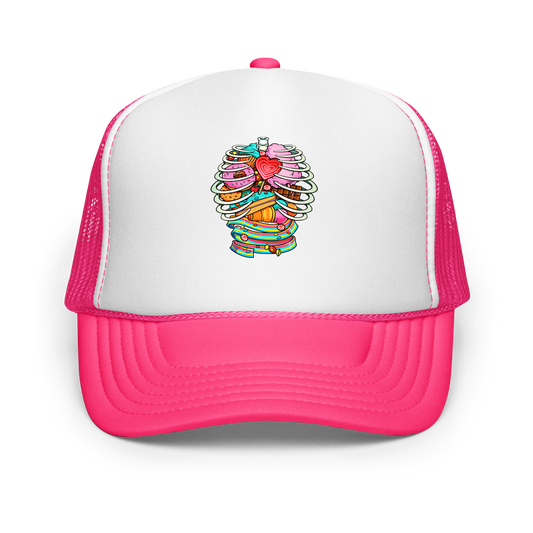 This vibrant design features a detailed, cartoonish human ribcage with various colorful candies and sweets filling the cavity. The sweets include a heart-shaped lollipop, cookies, cotton candy, chocolate bars, ice cream, donuts, and colorful candy strips. The style is reminiscent of pop art with bold lines and vivid colors, making it visually striking and playful.