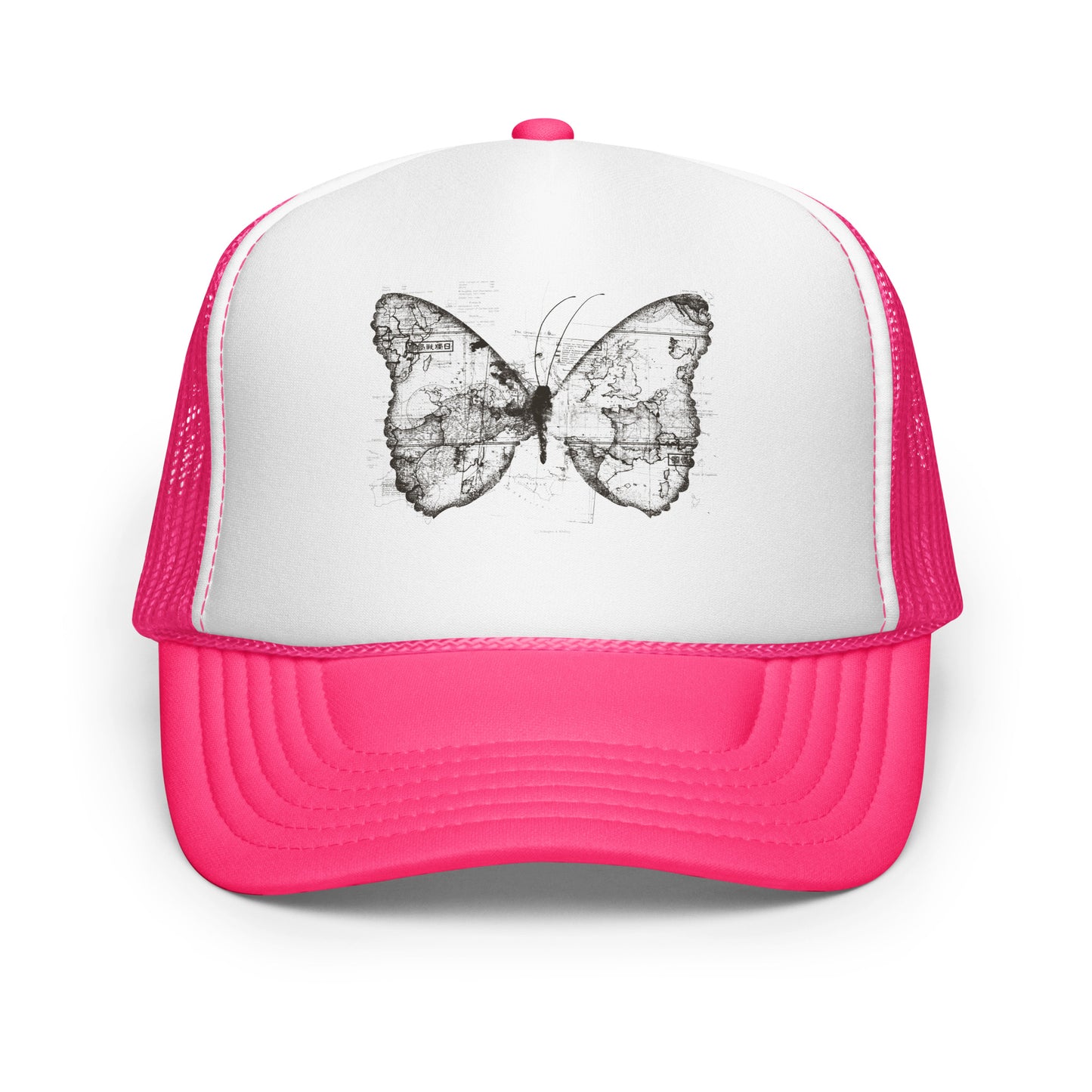 The image features a black and white butterfly where the wings are created using ancient world map designs. The maps overlay in intricate detail, blending geographical elements with the organic shape of the butterfly. Surrounding the butterfly are faint outlines of text and additional geographic features, creating a vintage and exploratory vibe.