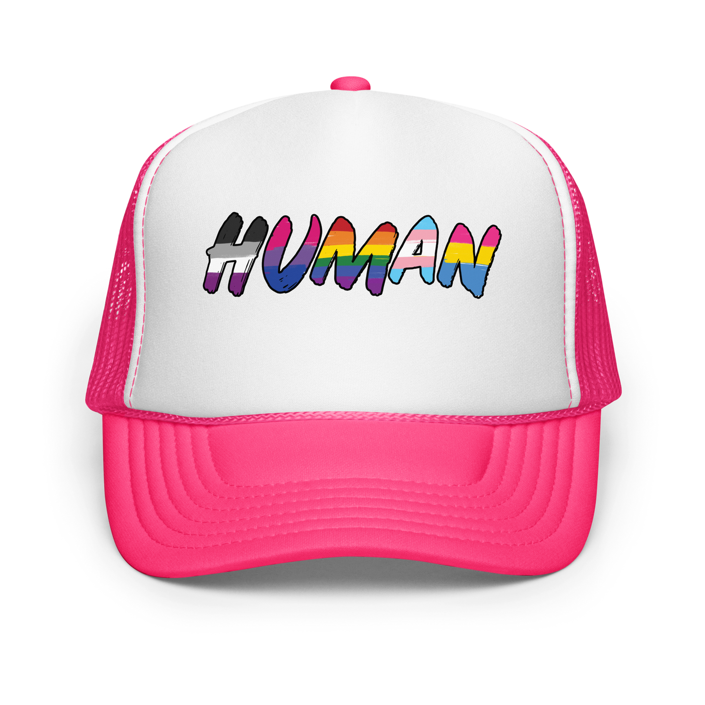 The image displays the word 'HUMAN' in bold, capitalized letters filled with colorful pride flag patterns. The colors within the letters represent different LGBTQ+ pride flags, symbolizing inclusivity and diversity. The background is solid black, which makes the colorful patterns stand out more vibrantly.
