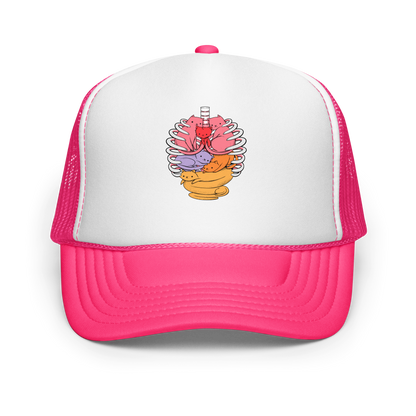 The image features a unique and colorful illustration of six whimsical cats nestled within and around a human ribcage. Each cat is a different bright color, ranging from pink and purple to orange and yellow, creating a visually appealing and vibrant composition. The use of contrasting colors and playful subject matter gives it a charming and eye-catching style.