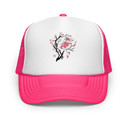 A magical girl floats gracefully among blooming sakura branches, captured in a minimalist sumi-e style. A delicate blend of Japanese tradition, anime nostalgia, and soft fantasy charm.