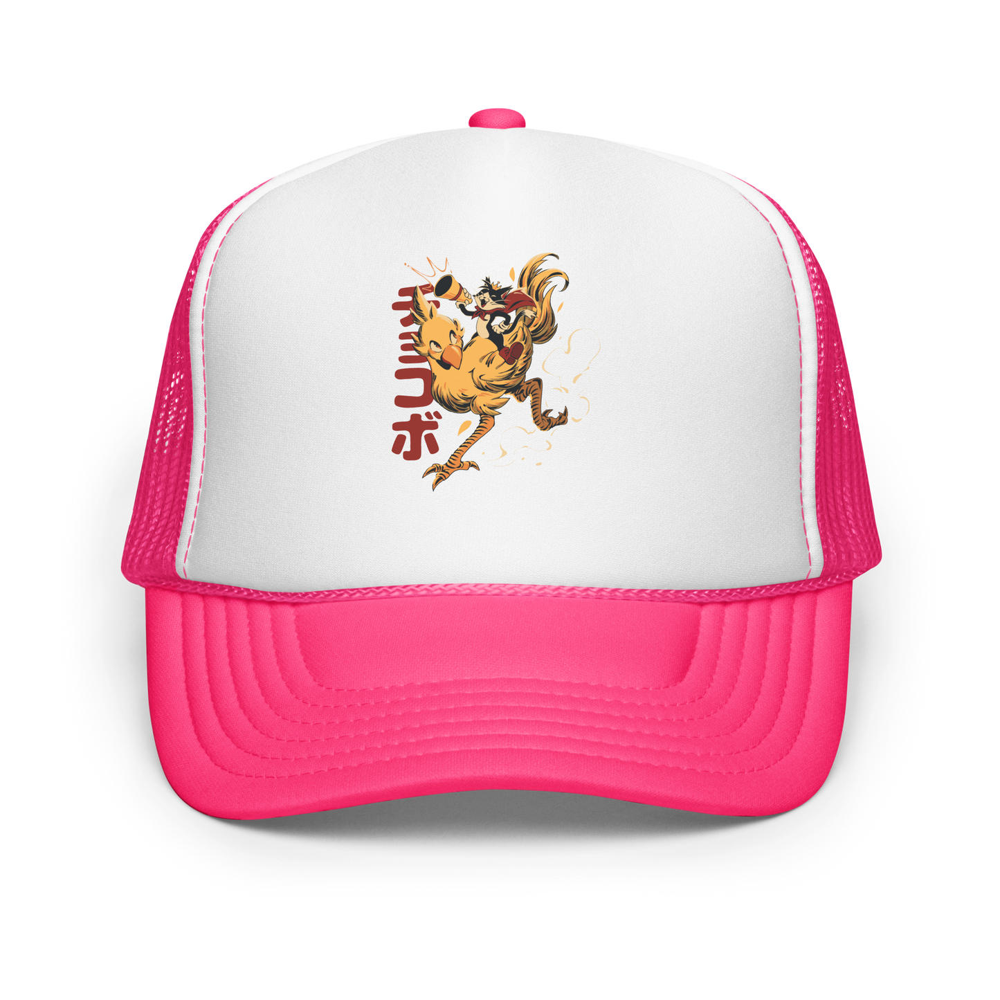 A stylized cartoon illustration of a confident cat wearing a cape and crown while riding a large yellow bird at full speed, with dynamic motion lines and Japanese writing in the background.