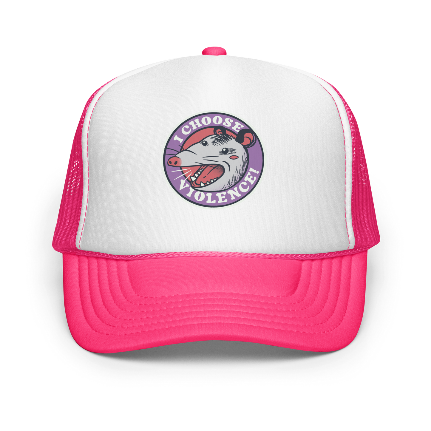 A circular design featuring an opossum with an open mouth showing sharp teeth, set against a red and purple background. Surrounding the animal, the text reads 'I Choose Violence!' in bold, white letters. The opossum has a somewhat comical yet aggressive expression. The design has an edgy, cartoon-like style, suitable for various products like t-shirts and stickers.