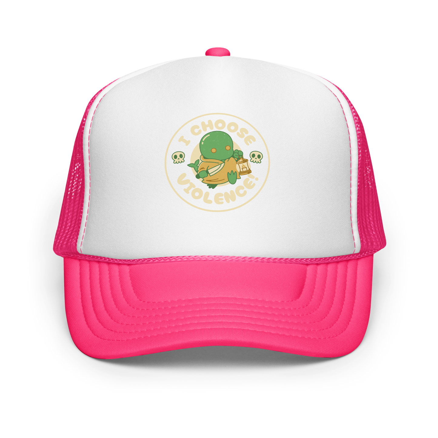 Cute green fantasy creature holding a lantern and a small weapon, surrounded by skull icons and the bold phrase “I Choose Violence!” in a circular badge-style design.