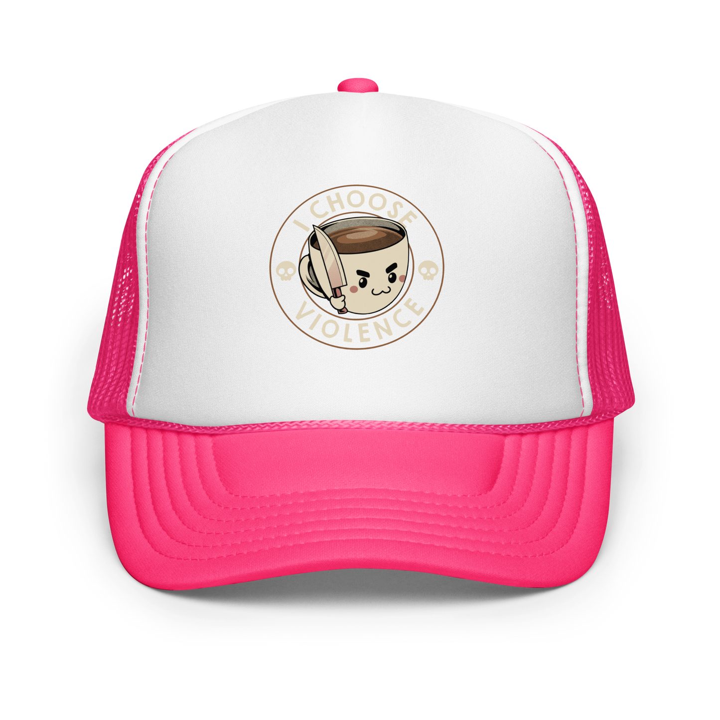 This image features a cute, cartoonish white coffee cup filled with coffee, with a determined facial expression, holding a sharp knife. The cup is framed by the circular text 'I CHOOSE VIOLENCE' in bold letters. On either side of the cup, there are small, white skull icons, adding a humorous yet dark twist to the design.