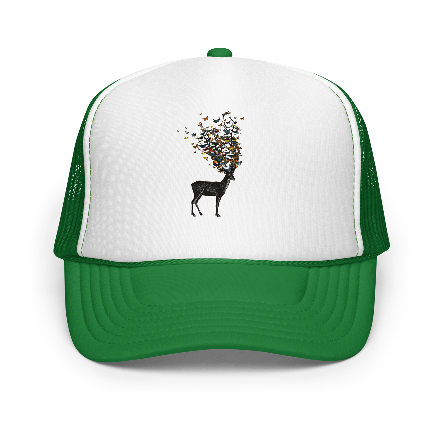 The image depicts a dark, silhouetted deer standing on a neutral background. Instead of branches, its antlers transform into a swirling cloud of vibrant, colorful butterflies that extend upwards and outward. The mix of organic and ethereal elements creates a captivating and whimsical visual contrast.