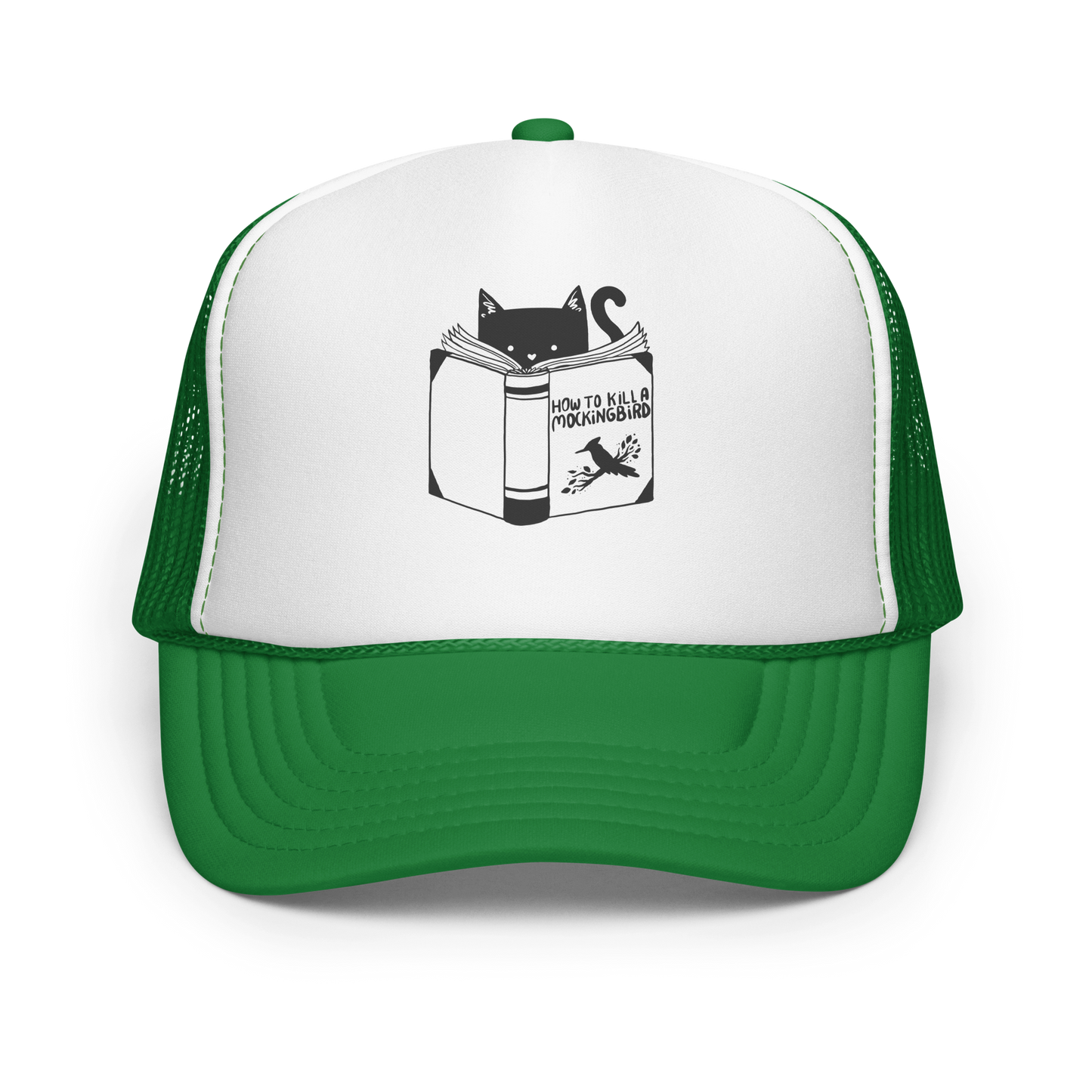 A black and white illustration features a cat peeking over an open book titled 'How to Kill a Mockingbird,' playfully altering the classic novel's title. The cat has a heart-shaped nose and simple, cute facial features. The design is whimsical and ironic, combining classic literature with a humorous twist.