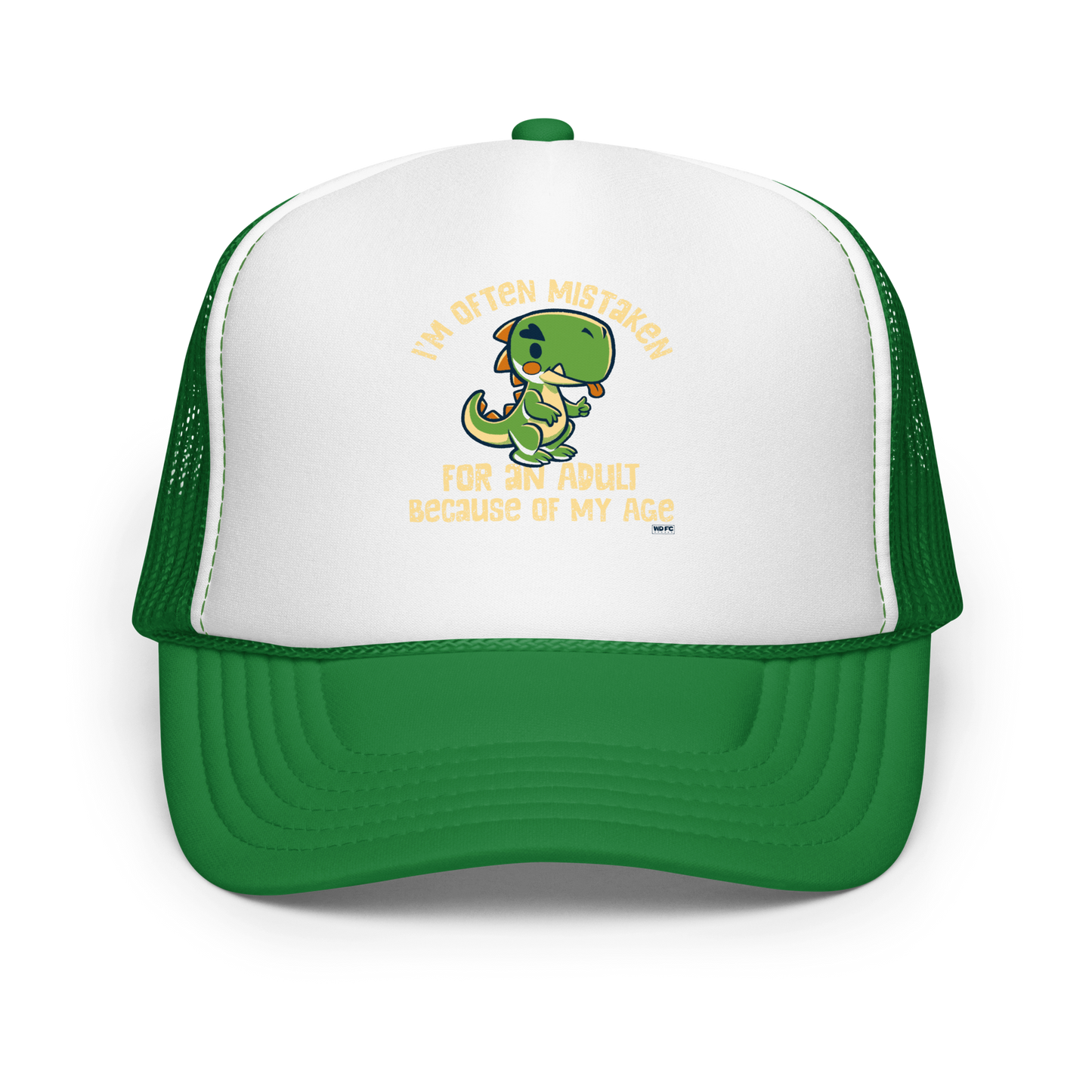 Cute cartoon dinosaur standing with a funny expression, accompanied by the humorous phrase “I’m Often Mistaken for an Adult Because of My Age” in bold distressed lettering.