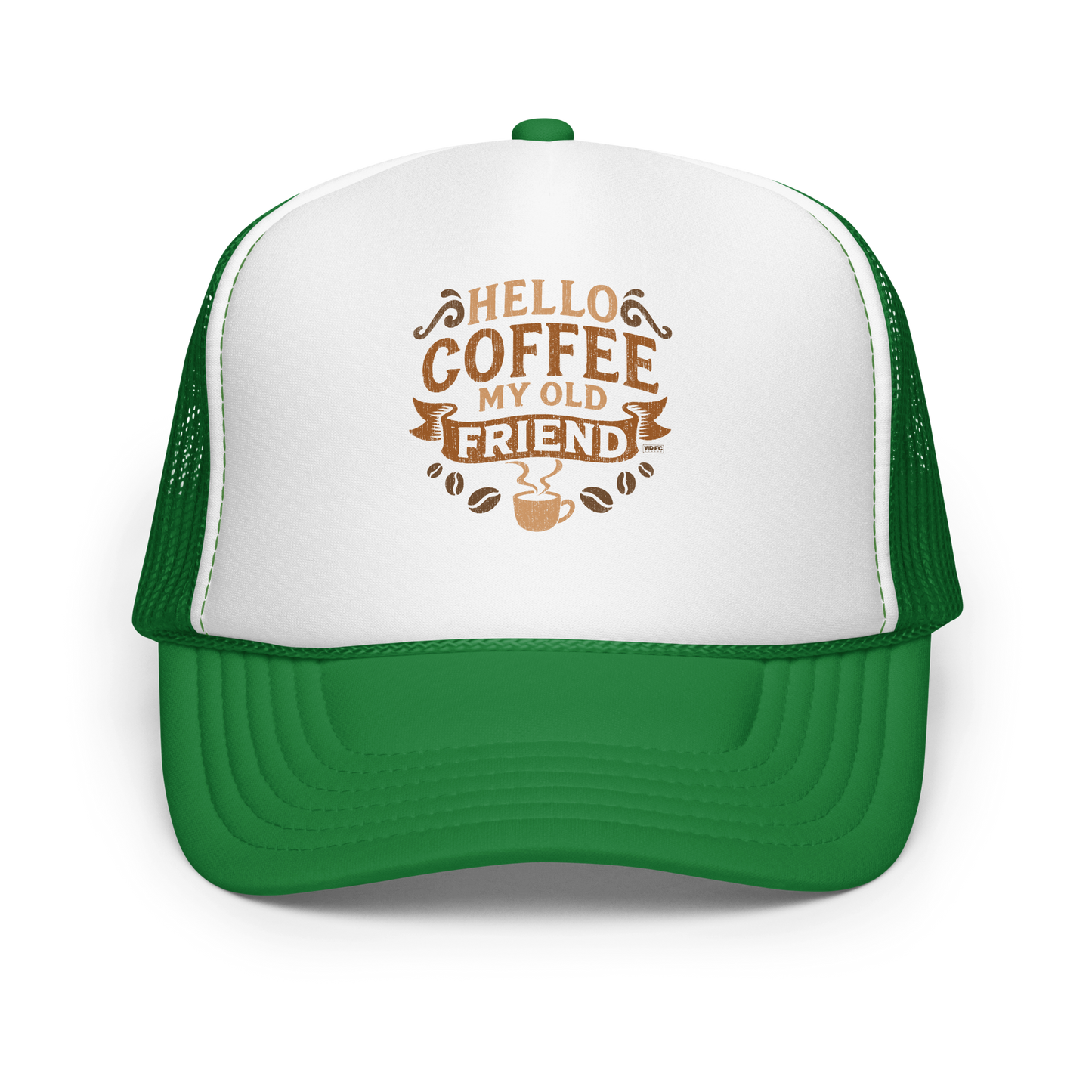 Vintage-style graphic featuring the phrase “Hello Coffee My Old Friend” in bold brown lettering, surrounded by decorative flourishes, coffee beans, and a steaming coffee cup.
