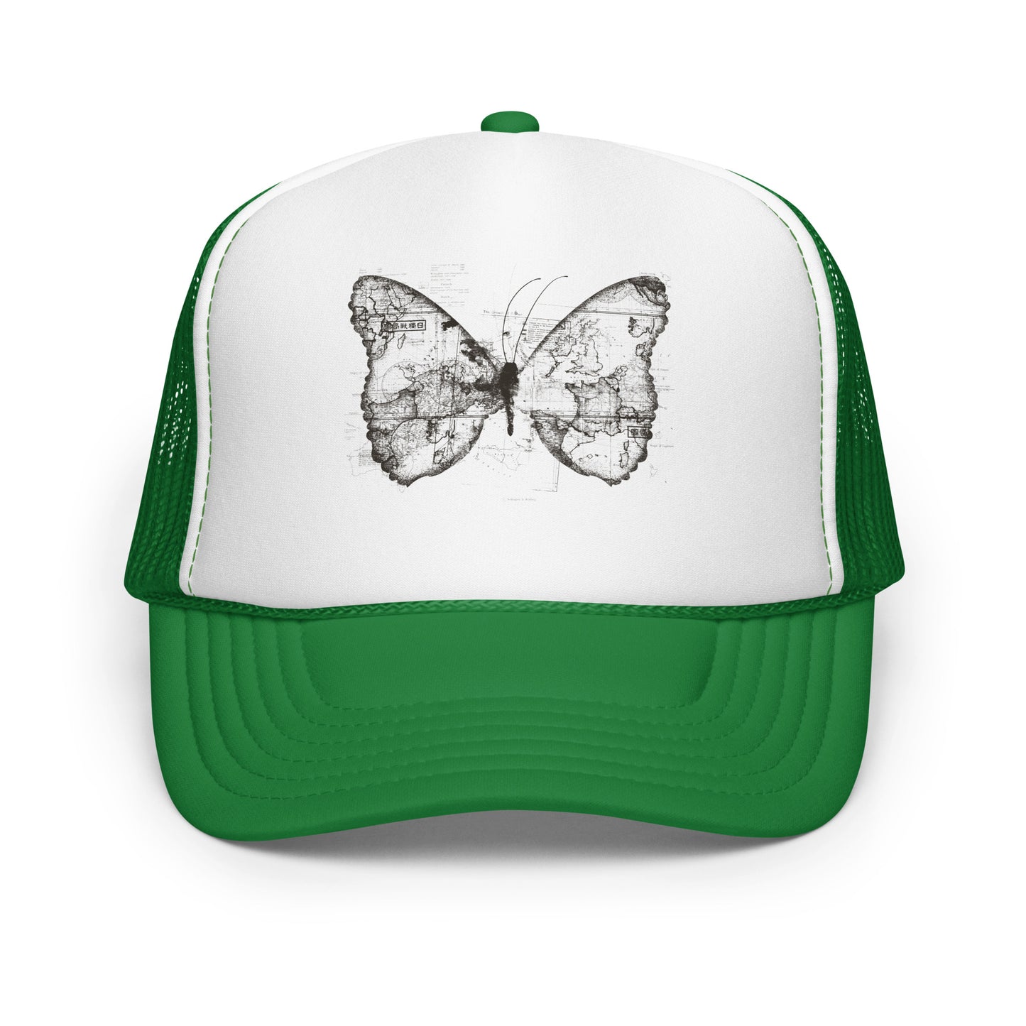 The image features a black and white butterfly where the wings are created using ancient world map designs. The maps overlay in intricate detail, blending geographical elements with the organic shape of the butterfly. Surrounding the butterfly are faint outlines of text and additional geographic features, creating a vintage and exploratory vibe.