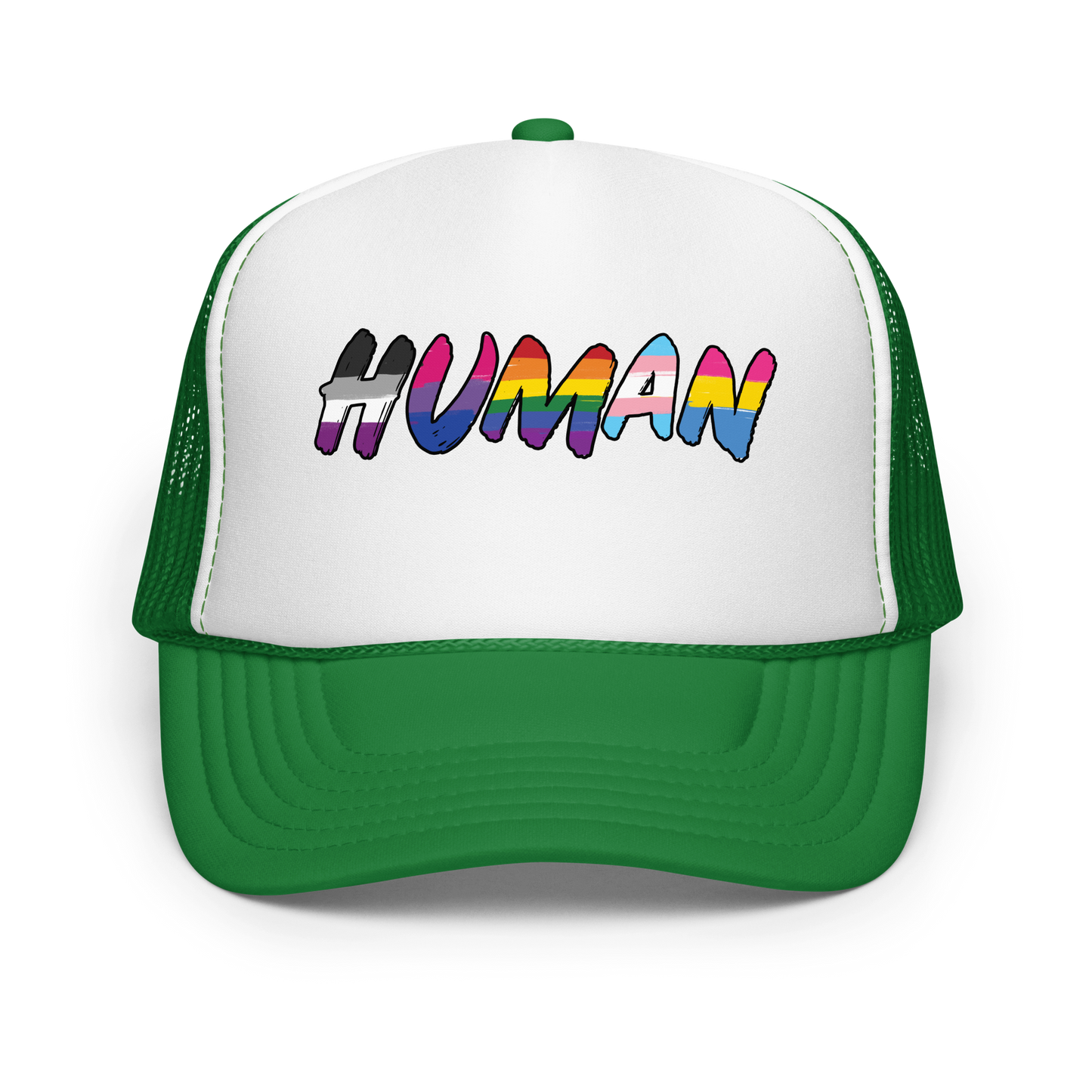 The image displays the word 'HUMAN' in bold, capitalized letters filled with colorful pride flag patterns. The colors within the letters represent different LGBTQ+ pride flags, symbolizing inclusivity and diversity. The background is solid black, which makes the colorful patterns stand out more vibrantly.