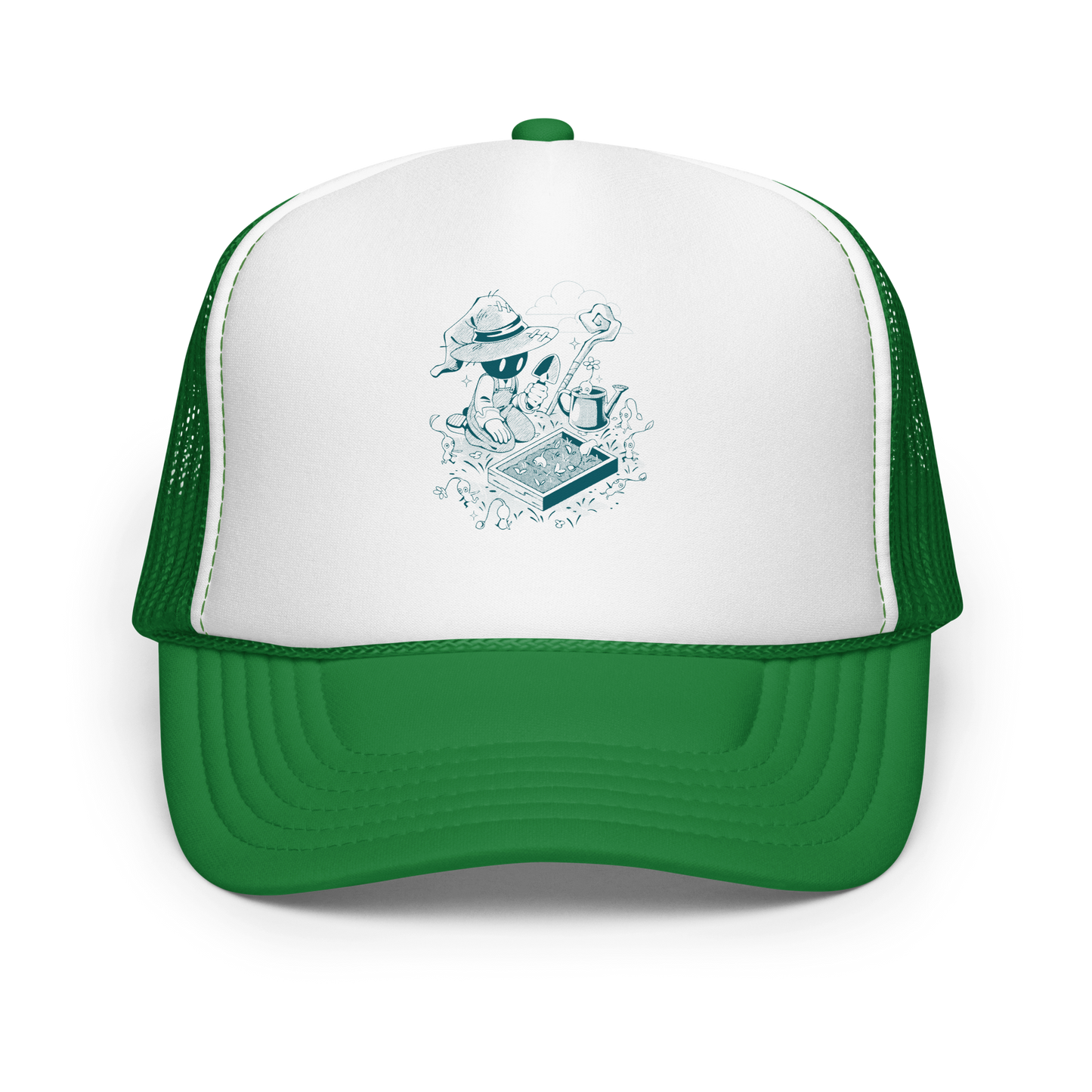 Illustration of a small wizard-like figure kneeling in a garden, using a trowel to plant seedlings while tiny plant creatures gather around, with a staff, watering can, and clouds in the background, drawn in a monochrome teal style.