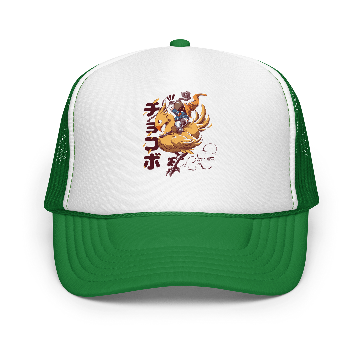 A speedy yellow bird dashes forward with a tiny mage rider gripping tight and ready for action. A fun and nostalgic design full of movement and fantasy charm.