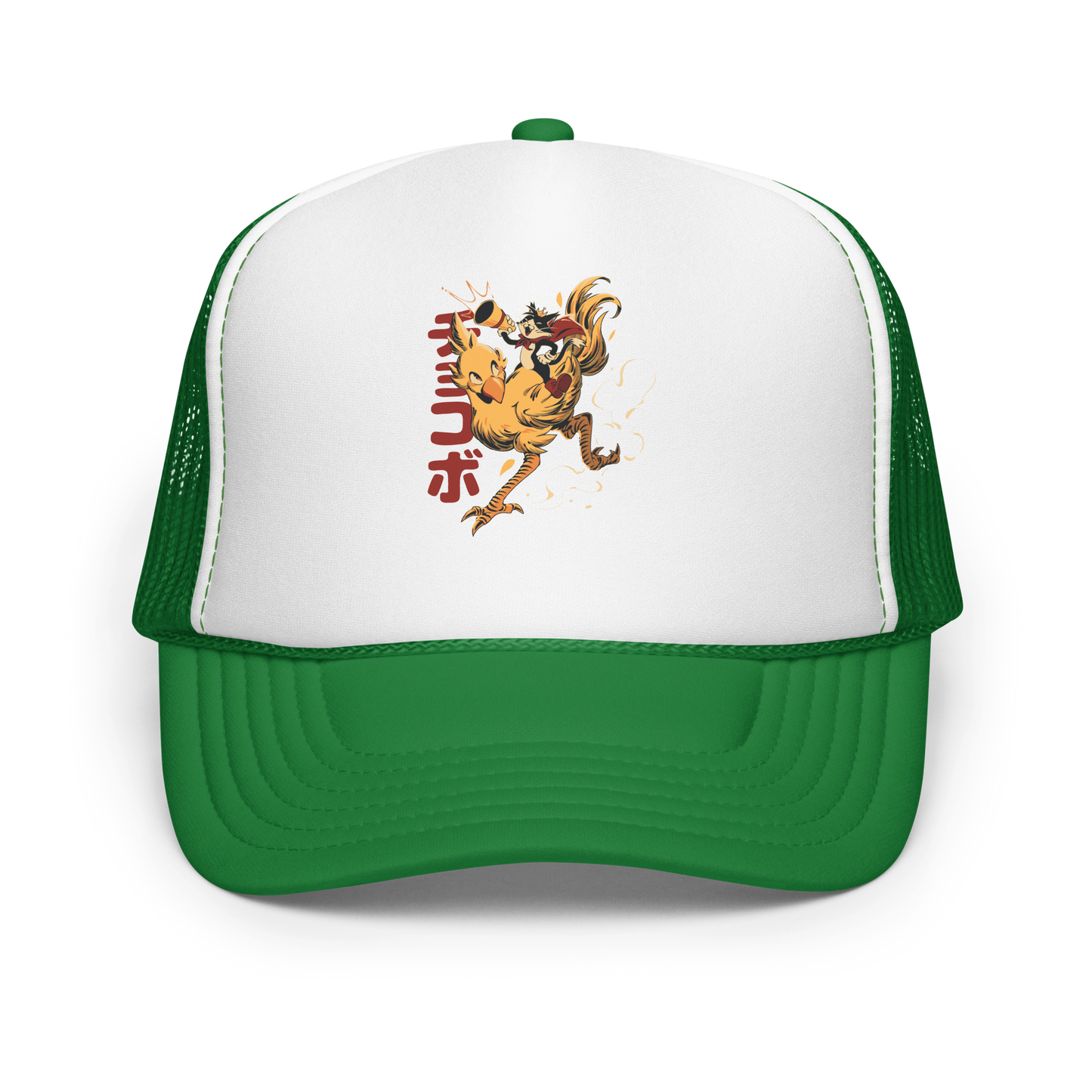 A stylized cartoon illustration of a confident cat wearing a cape and crown while riding a large yellow bird at full speed, with dynamic motion lines and Japanese writing in the background.