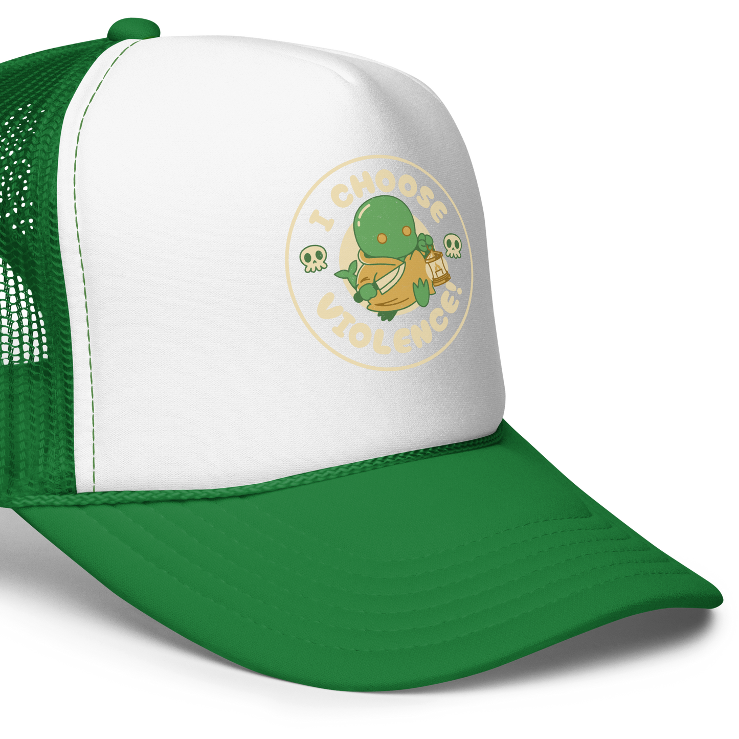 Cute green fantasy creature holding a lantern and a small weapon, surrounded by skull icons and the bold phrase “I Choose Violence!” in a circular badge-style design.