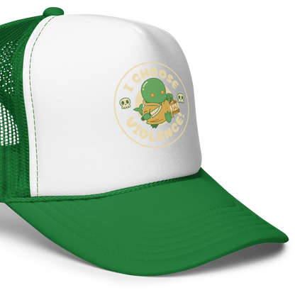 Cute green fantasy creature holding a lantern and a small weapon, surrounded by skull icons and the bold phrase “I Choose Violence!” in a circular badge-style design.