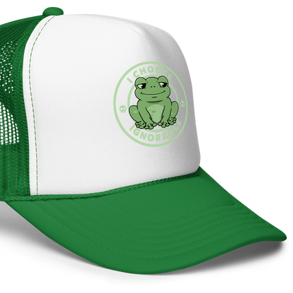 The image shows a cartoonish green frog with a sly smile, sitting with legs splayed out. Around it, the phrase 'I CHOOSE IGNORANCE' is written in bold letters. Two small skull designs are included, one on each side of the frog. The style is playful and ironic, blending elements of humor and rebellion.