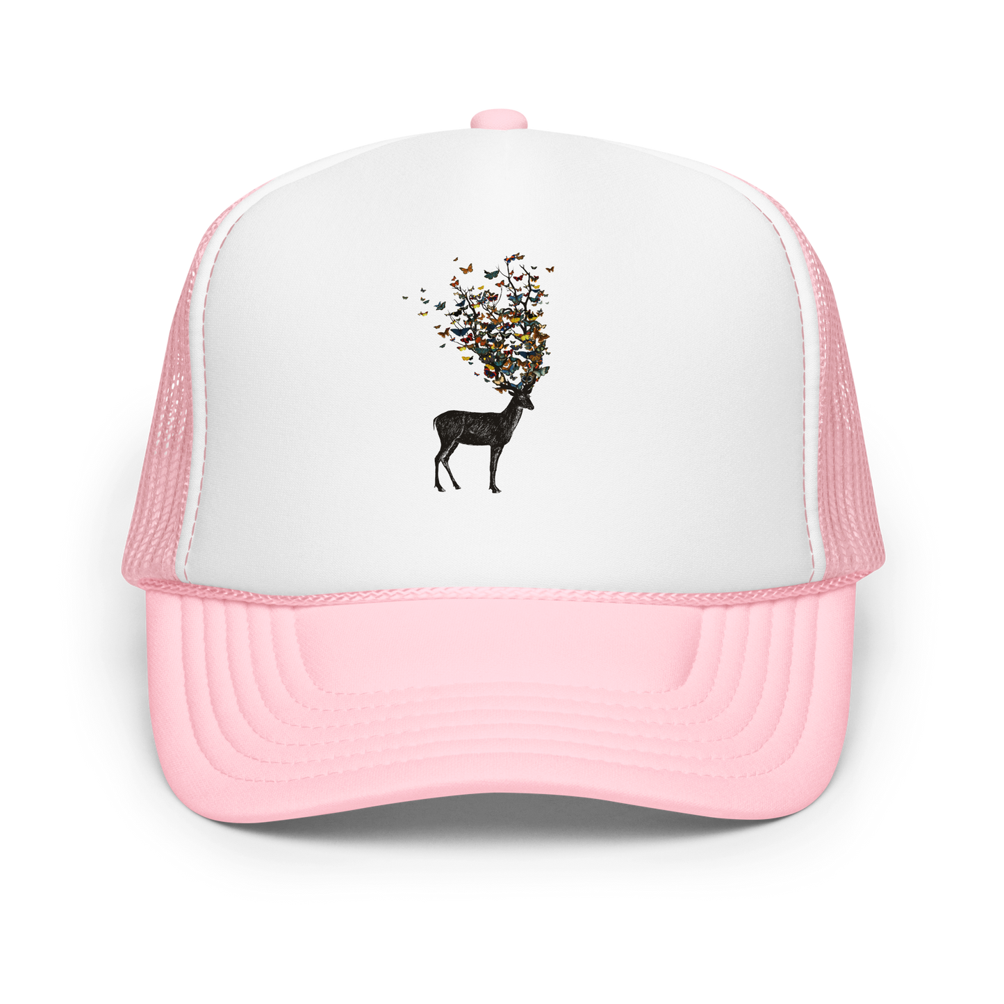 The image depicts a dark, silhouetted deer standing on a neutral background. Instead of branches, its antlers transform into a swirling cloud of vibrant, colorful butterflies that extend upwards and outward. The mix of organic and ethereal elements creates a captivating and whimsical visual contrast.