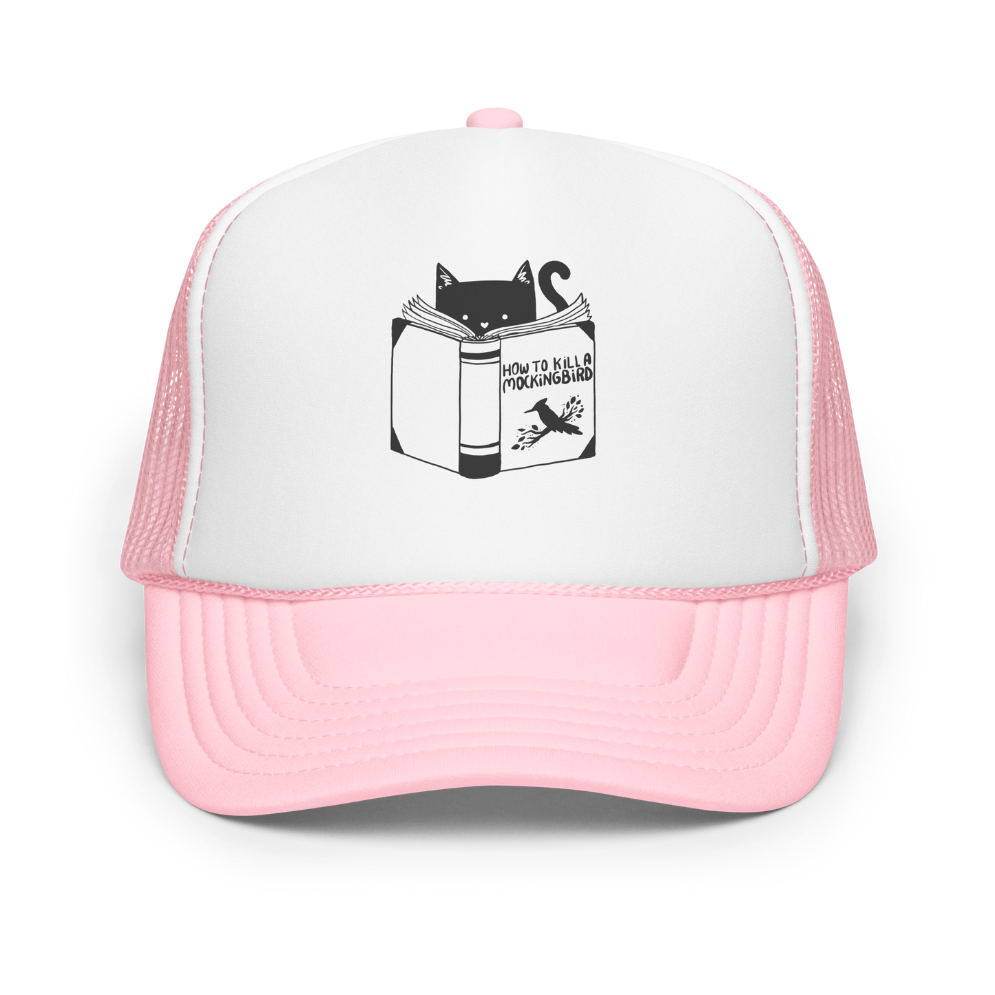 A black and white illustration features a cat peeking over an open book titled 'How to Kill a Mockingbird,' playfully altering the classic novel's title. The cat has a heart-shaped nose and simple, cute facial features. The design is whimsical and ironic, combining classic literature with a humorous twist.