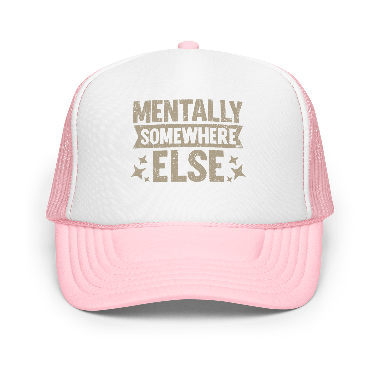 Distressed vintage-style text graphic displaying the phrase “Mentally Somewhere Else,” decorated with scattered star icons and a bold, textured font.