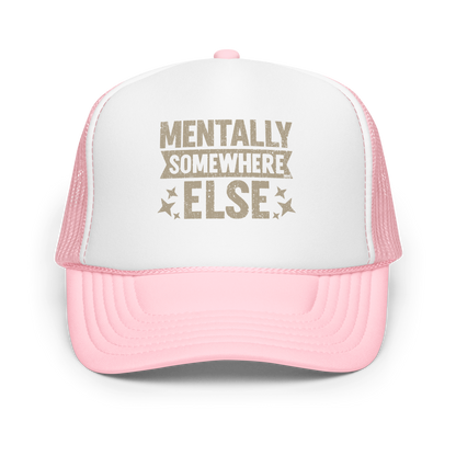 Distressed vintage-style text graphic displaying the phrase “Mentally Somewhere Else,” decorated with scattered star icons and a bold, textured font.