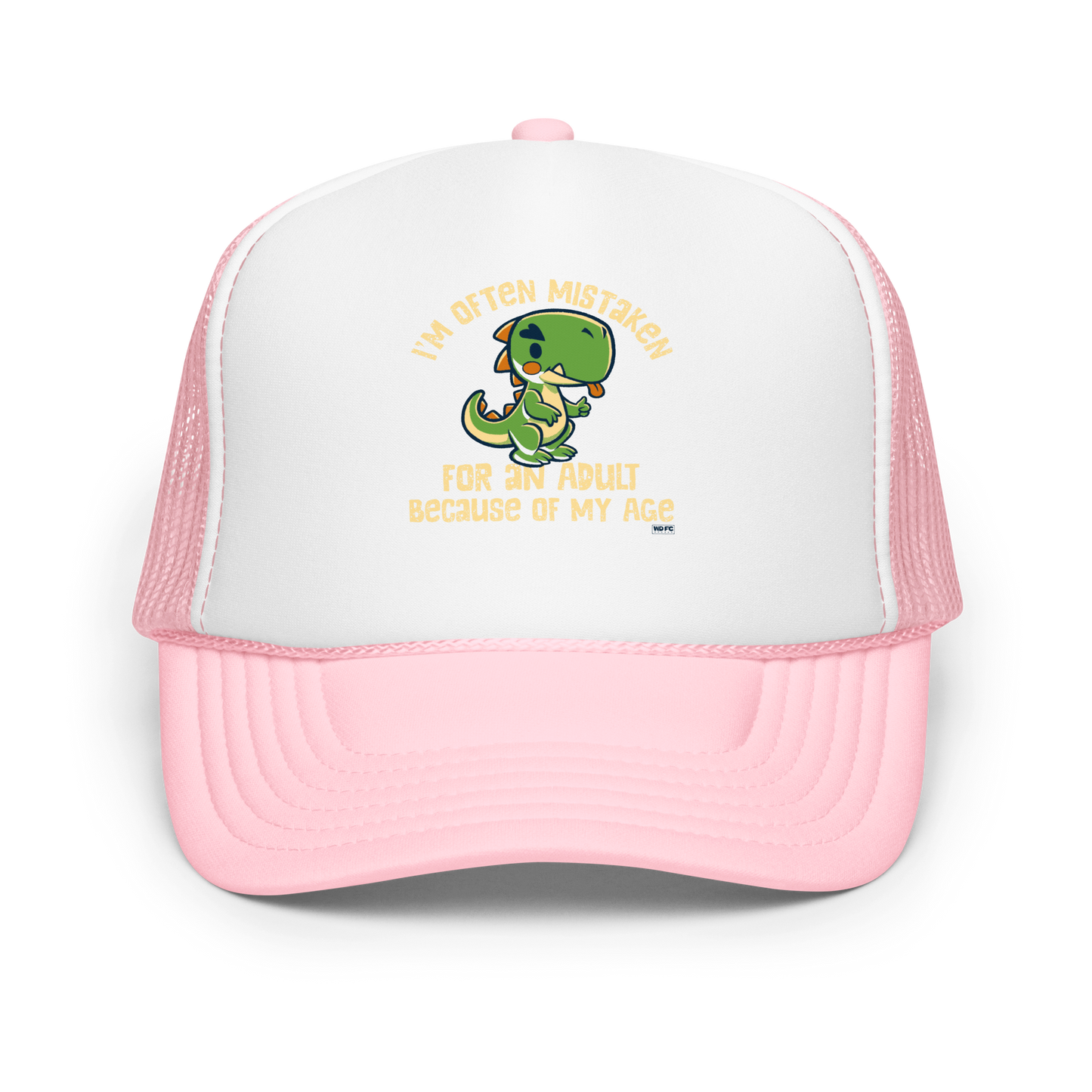 Cute cartoon dinosaur standing with a funny expression, accompanied by the humorous phrase “I’m Often Mistaken for an Adult Because of My Age” in bold distressed lettering.