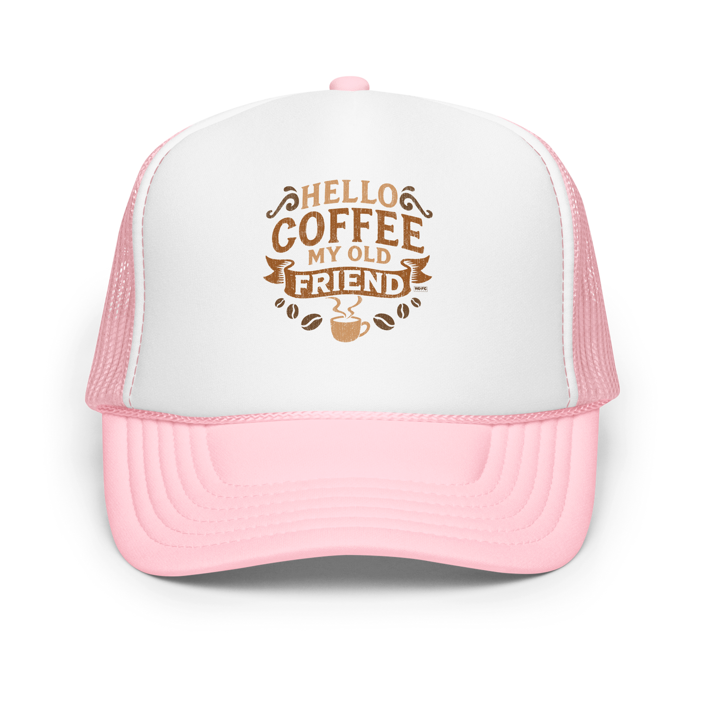 Vintage-style graphic featuring the phrase “Hello Coffee My Old Friend” in bold brown lettering, surrounded by decorative flourishes, coffee beans, and a steaming coffee cup.