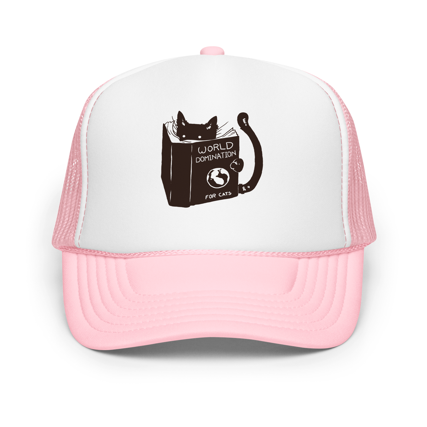 The design features a black silhouette of a cat peeking from behind an oversized book. The book's cover reads 'World Domination for Cats,' and includes a simple drawing of a globe. The cat's eyes are wide open, suggesting either surprise or intense focus on its 'world domination' plans.