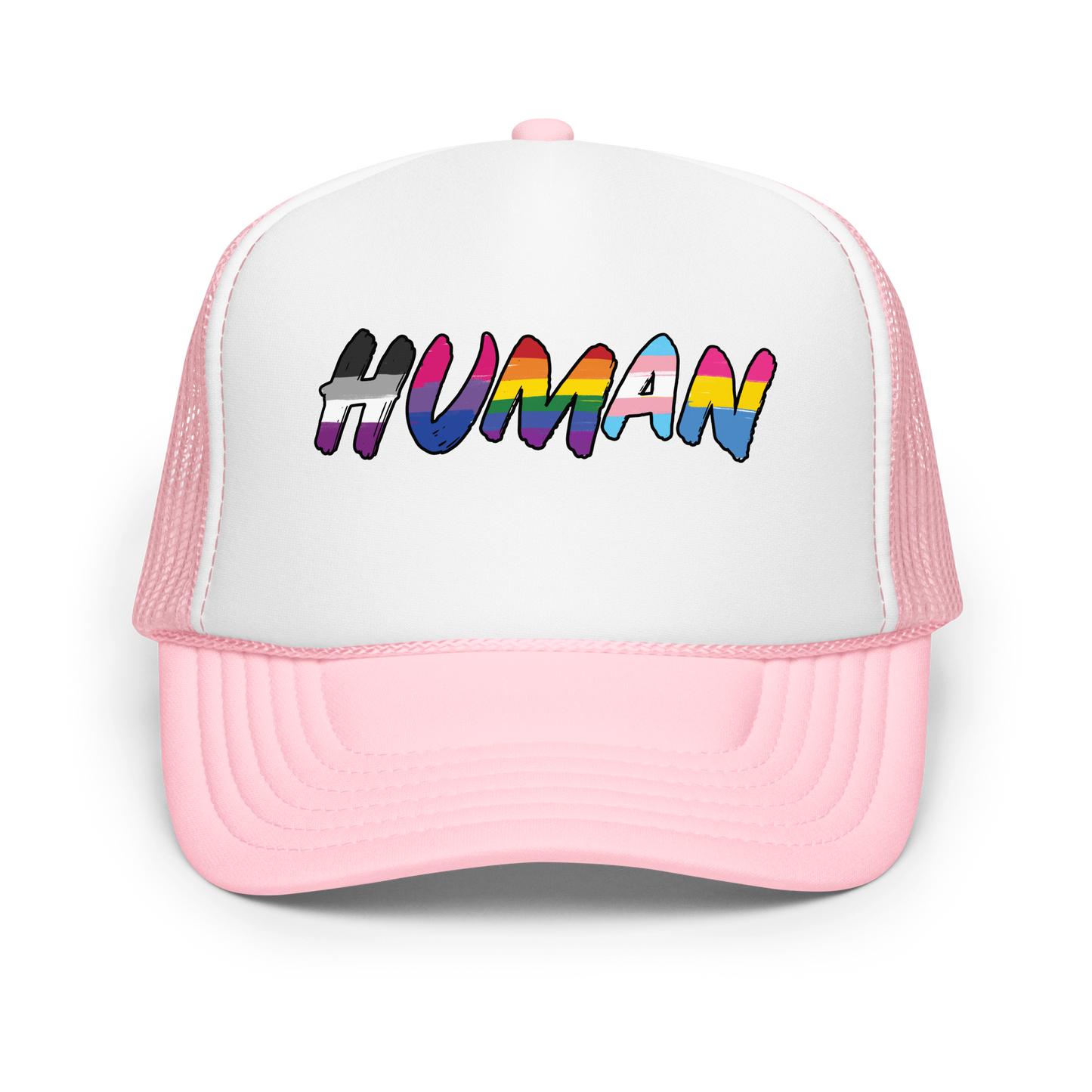 The image displays the word 'HUMAN' in bold, capitalized letters filled with colorful pride flag patterns. The colors within the letters represent different LGBTQ+ pride flags, symbolizing inclusivity and diversity. The background is solid black, which makes the colorful patterns stand out more vibrantly.