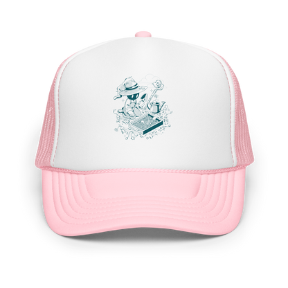 Illustration of a small wizard-like figure kneeling in a garden, using a trowel to plant seedlings while tiny plant creatures gather around, with a staff, watering can, and clouds in the background, drawn in a monochrome teal style.