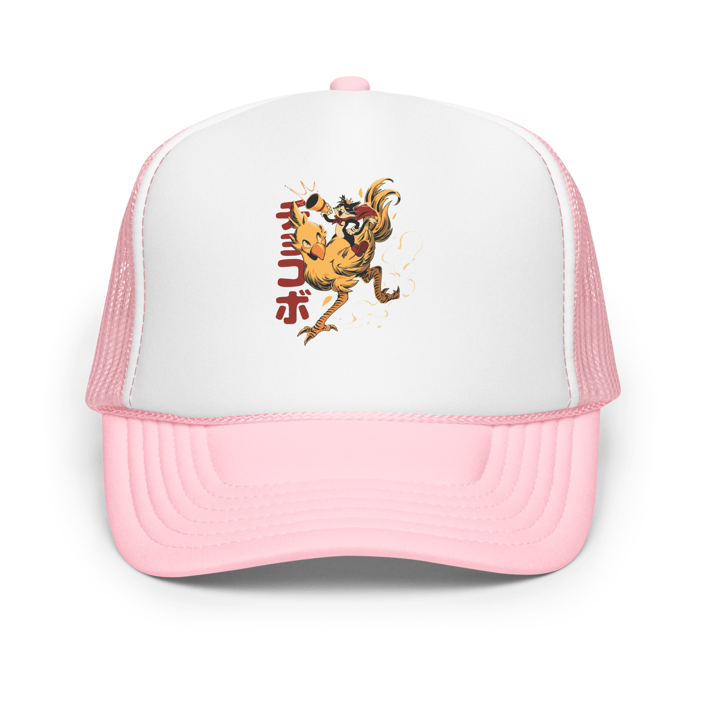 A stylized cartoon illustration of a confident cat wearing a cape and crown while riding a large yellow bird at full speed, with dynamic motion lines and Japanese writing in the background.