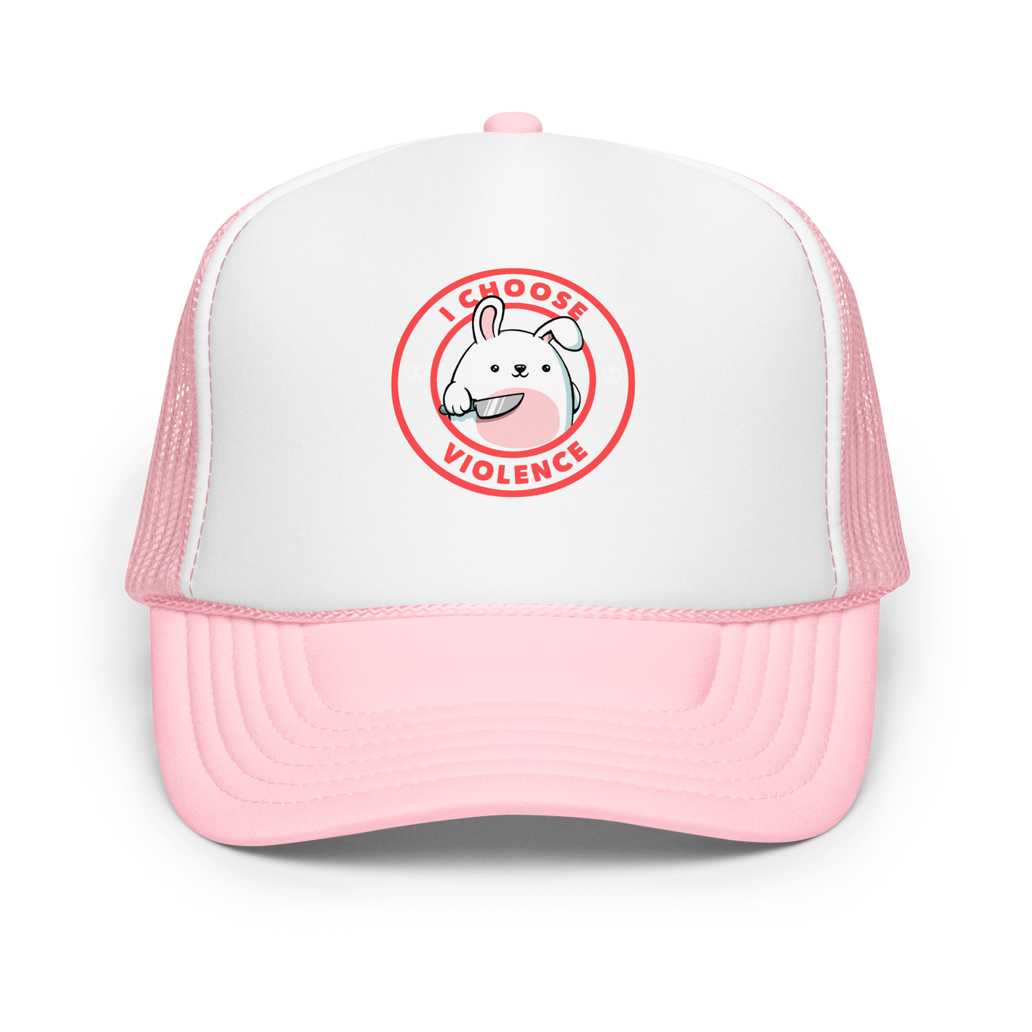 A cute white cartoon bunny with a pink belly stands holding a large kitchen knife in one paw. Surrounding the bunny is a red circular border with the words 'I CHOOSE VIOLENCE'. Small skull icons are on either side of the circle. The overall tone is a mix of adorable and ironic humor.