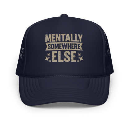 Distressed vintage-style text graphic displaying the phrase “Mentally Somewhere Else,” decorated with scattered star icons and a bold, textured font.