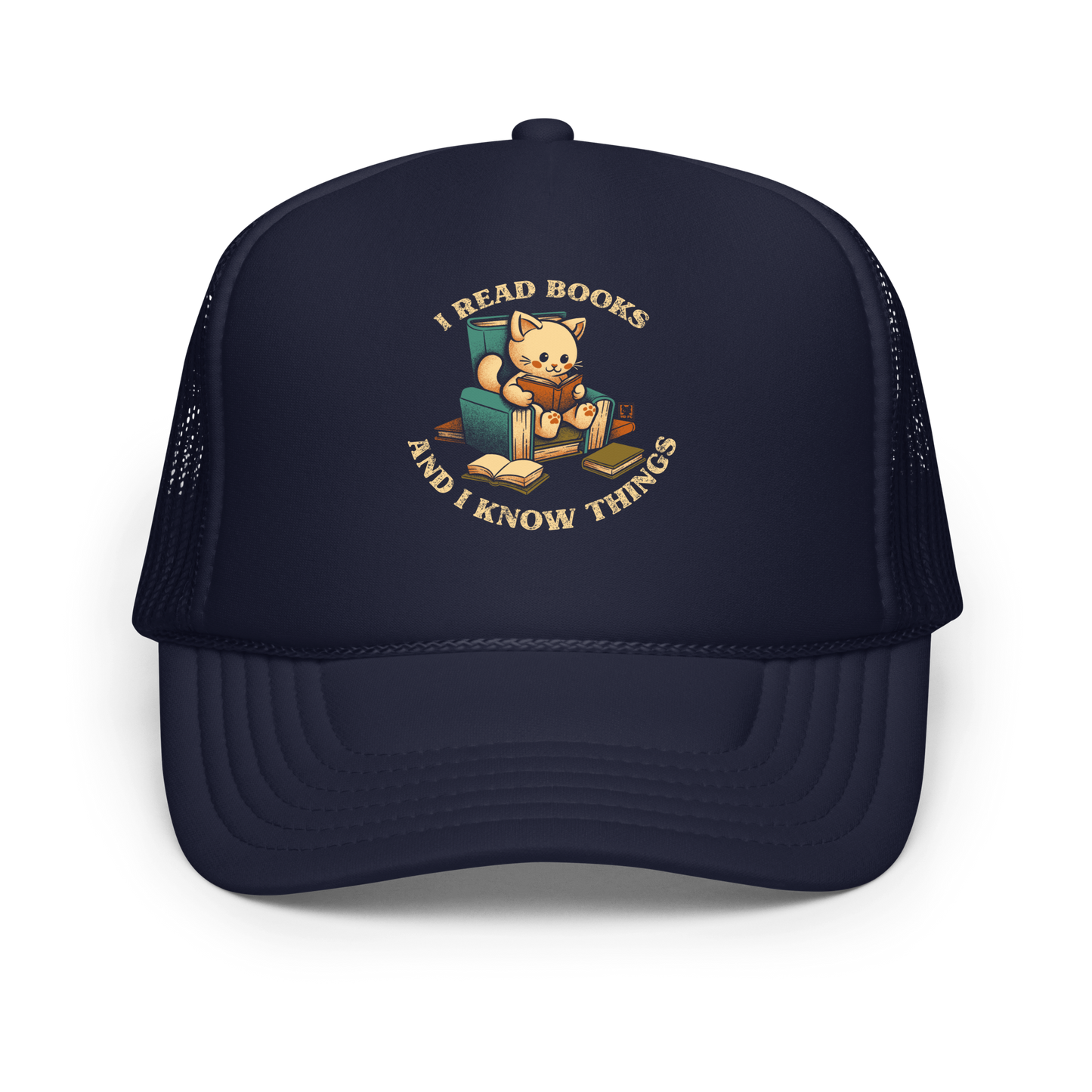 An adorable cat is sitting on a stack of books encircled by the sentence "I READ BOOKS AND I KNOW THINGS". Perfect for book lovers, this design combines wit and cuteness, making it a great choice for those who love reading and cats.