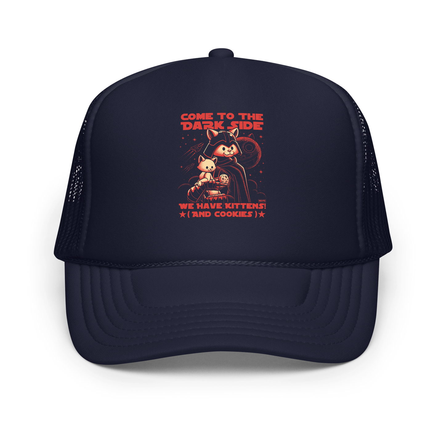 This fun and nerdy design, encircled by the phrase 'COME TO THE DARK SIDE, WE  HAVE KITTENS AND COOKIES', features a feline twist on sci-fi villains, perfect for cat lovers, space fans, and cookie enthusiasts.