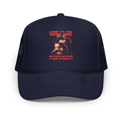 This fun and nerdy design, encircled by the phrase 'COME TO THE DARK SIDE, WE  HAVE KITTENS AND COOKIES', features a feline twist on sci-fi villains, perfect for cat lovers, space fans, and cookie enthusiasts.