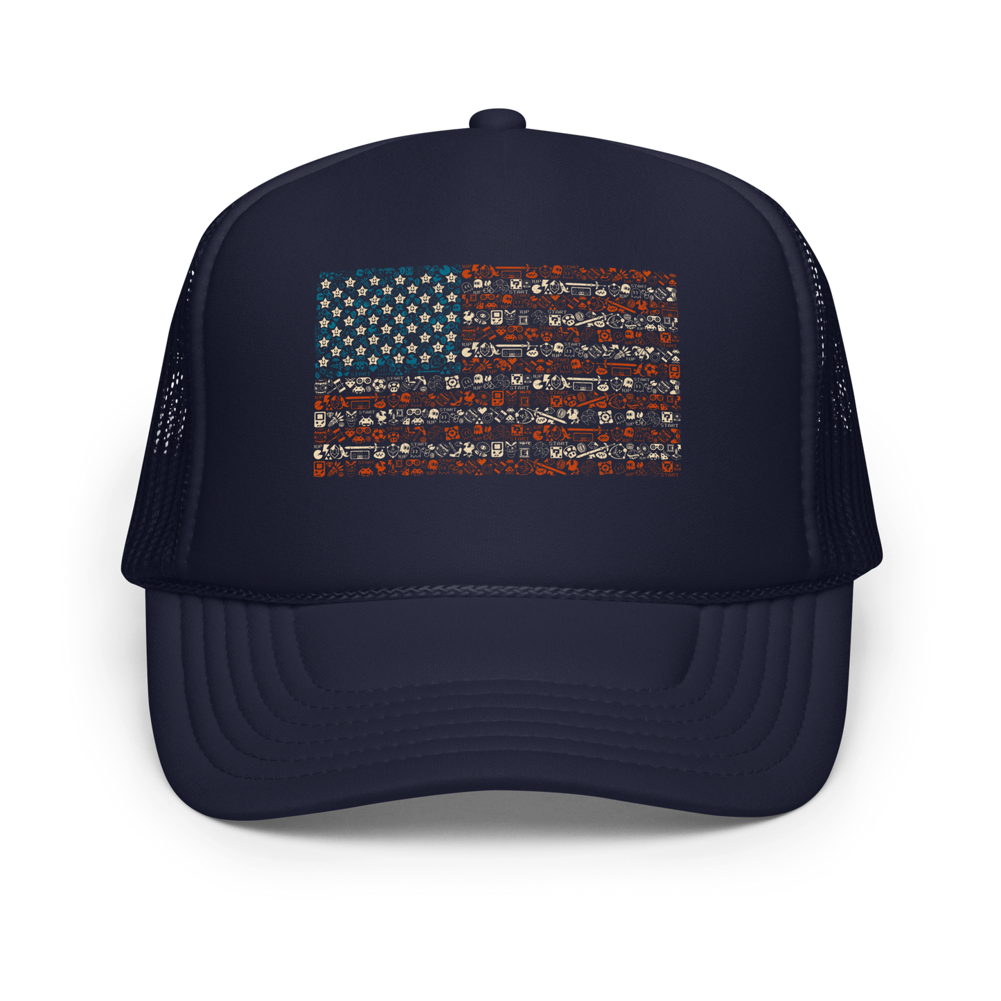 American flag illustration made entirely of retro video game icons, controllers, characters, and symbols in blue, red, and beige, arranged to form the stars and stripes.