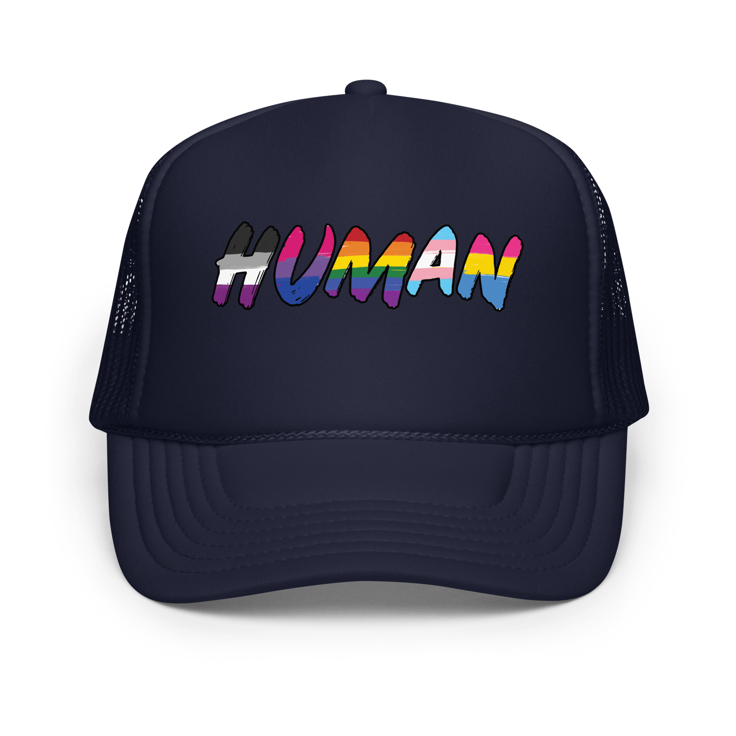 The image displays the word 'HUMAN' in bold, capitalized letters filled with colorful pride flag patterns. The colors within the letters represent different LGBTQ+ pride flags, symbolizing inclusivity and diversity. The background is solid black, which makes the colorful patterns stand out more vibrantly.