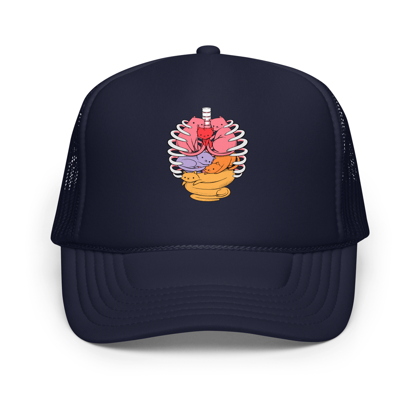 The image features a unique and colorful illustration of six whimsical cats nestled within and around a human ribcage. Each cat is a different bright color, ranging from pink and purple to orange and yellow, creating a visually appealing and vibrant composition. The use of contrasting colors and playful subject matter gives it a charming and eye-catching style.