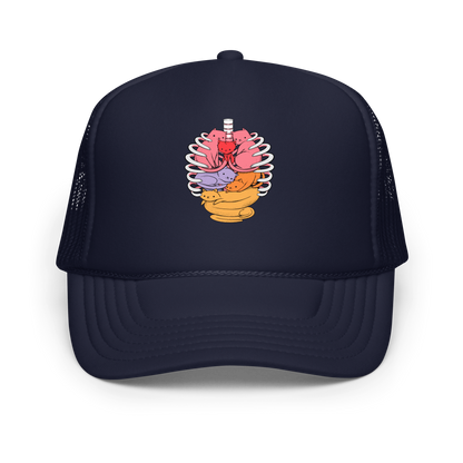 The image features a unique and colorful illustration of six whimsical cats nestled within and around a human ribcage. Each cat is a different bright color, ranging from pink and purple to orange and yellow, creating a visually appealing and vibrant composition. The use of contrasting colors and playful subject matter gives it a charming and eye-catching style.