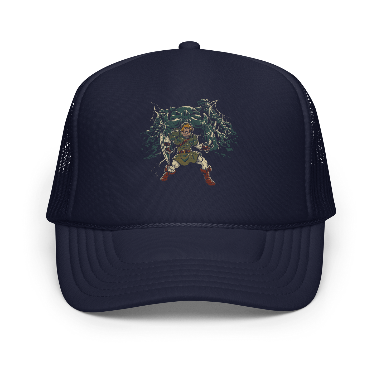 A fierce warrior stands with sword and shield, lightning cracking behind him as he screams in defiance — mixing classic fantasy aesthetics with retro game frustration.