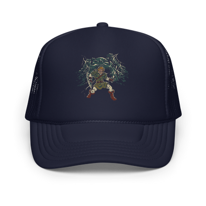 A fierce warrior stands with sword and shield, lightning cracking behind him as he screams in defiance — mixing classic fantasy aesthetics with retro game frustration.