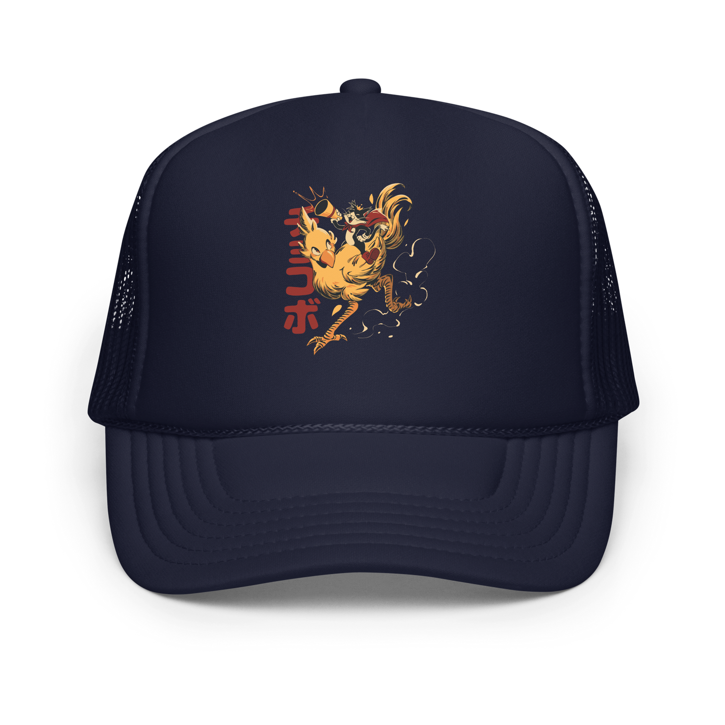 A stylized cartoon illustration of a confident cat wearing a cape and crown while riding a large yellow bird at full speed, with dynamic motion lines and Japanese writing in the background.