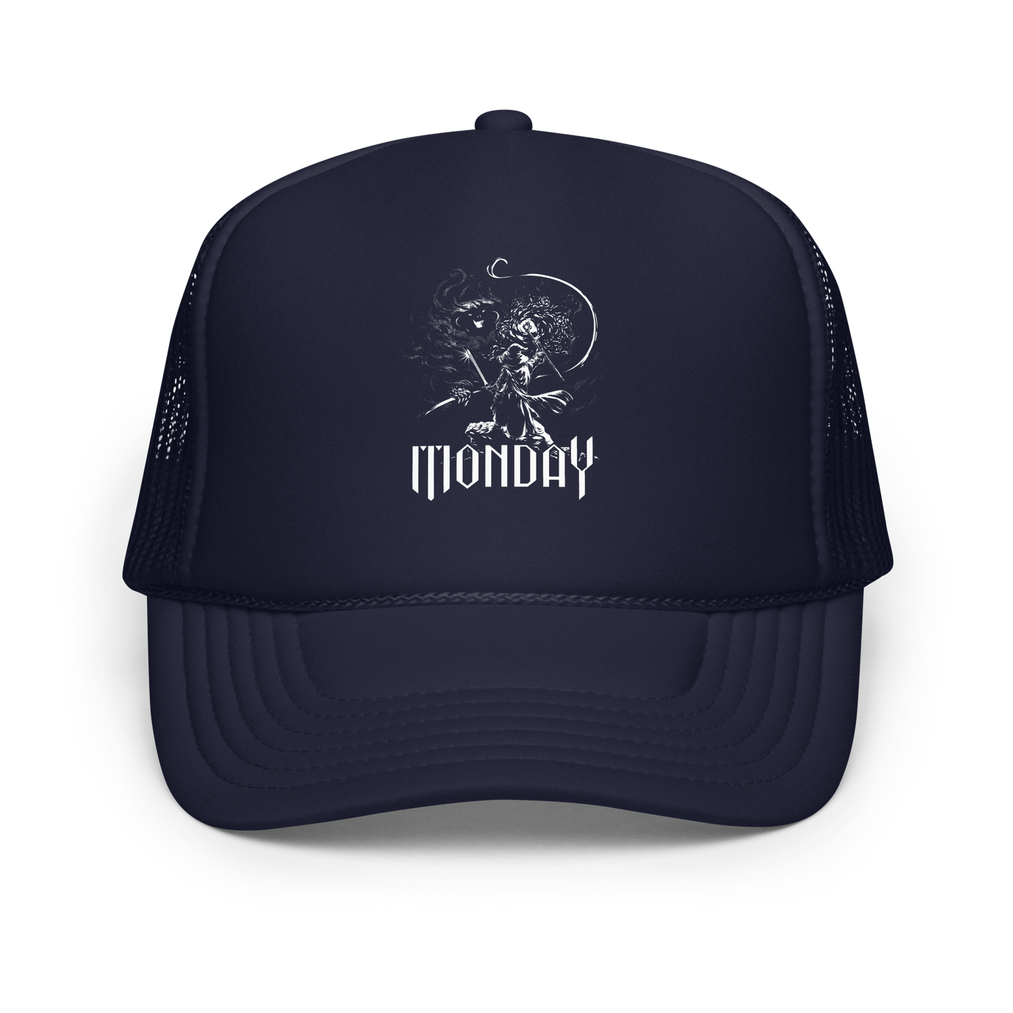 A white fantasy-style illustration showing a wizard standing on a rock, wielding a staff and sword, casting a spell toward a swirling dark, smoky monster with glowing eyes and mouth. The word “MONDAY” appears in large, bold, gothic letters at the bottom, symbolizing the wizard battling the chaos of Monday.