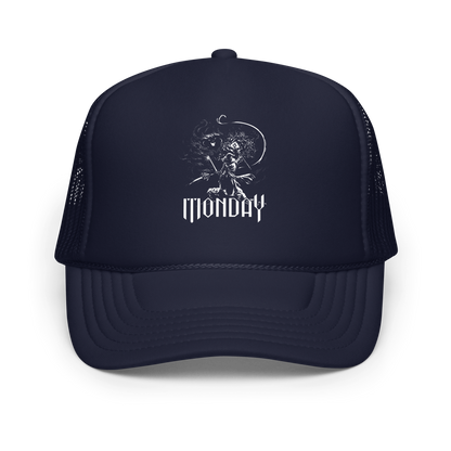 A white fantasy-style illustration showing a wizard standing on a rock, wielding a staff and sword, casting a spell toward a swirling dark, smoky monster with glowing eyes and mouth. The word “MONDAY” appears in large, bold, gothic letters at the bottom, symbolizing the wizard battling the chaos of Monday.